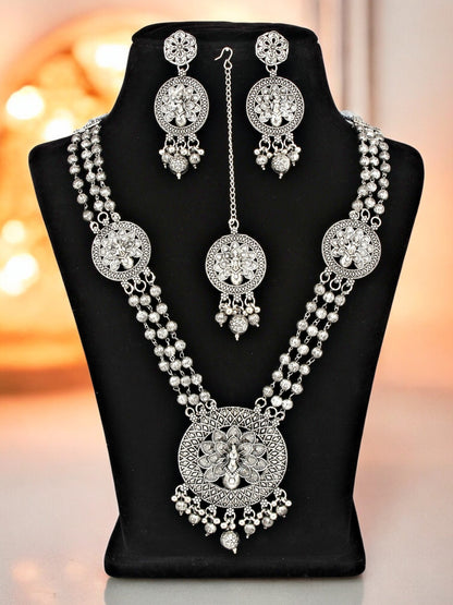 Oxidised Silver Peacock Design Long Necklace Set for Women & Girls