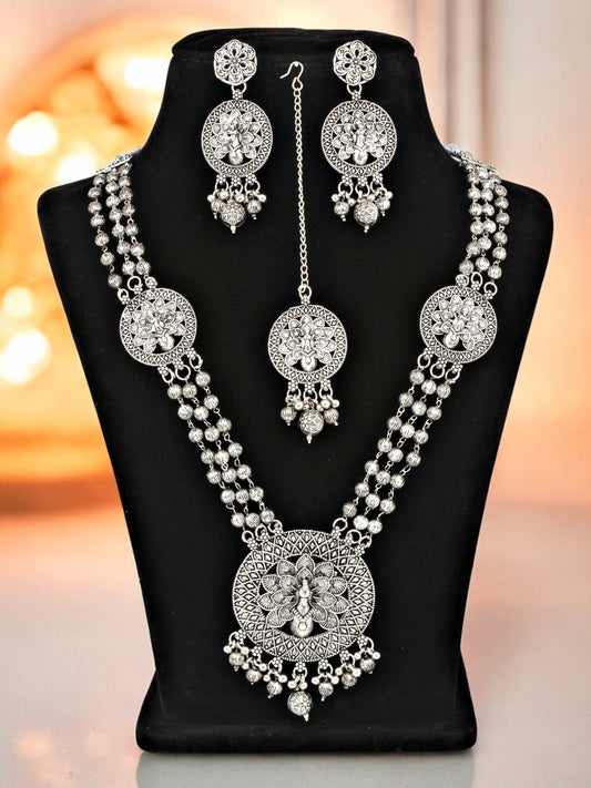 Oxidised Silver Peacock Design Long Necklace Set for Women & Girls