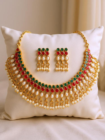 Gold Plated Beaded Choker Necklace Set with Earrings for Women and Girls