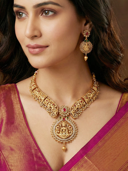 Traditional Antique Gold-Tone Temple Jewellery Necklace Set for Women with Goddess Lakshmi Pendant & Matching Earrings (1122-ISR-2179-R)