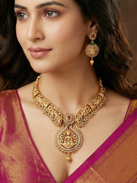 Traditional Antique Gold-Tone Temple Jewellery Necklace Set for Women with Goddess Lakshmi Pendant & Matching Earrings (1122-ISR-2179-R)