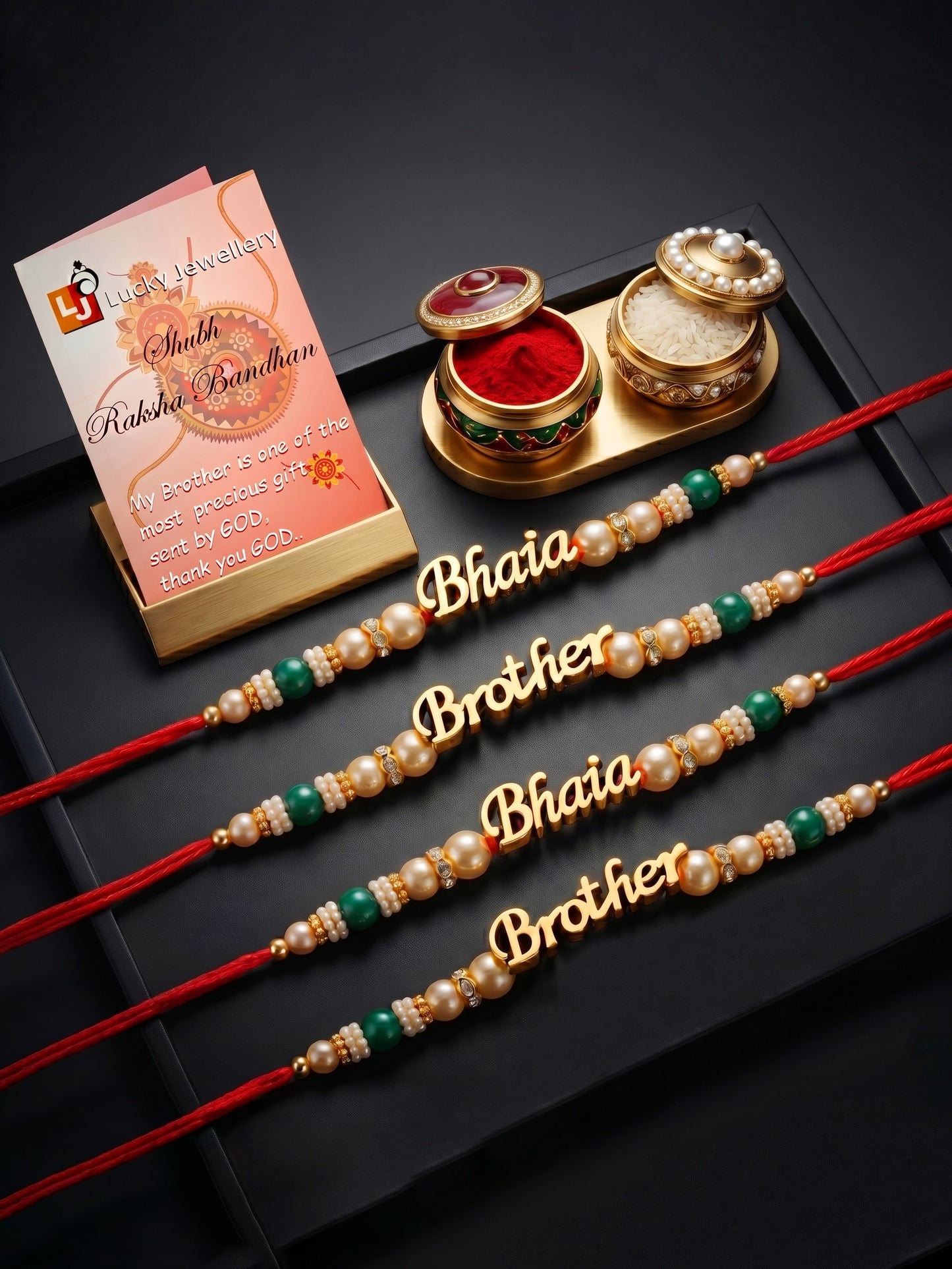 Set of 4 Bhaia & Brother Gold Text Rakhi with Green Beads, Roli Chawal & Card (100-CHR1-196465-4-2026)