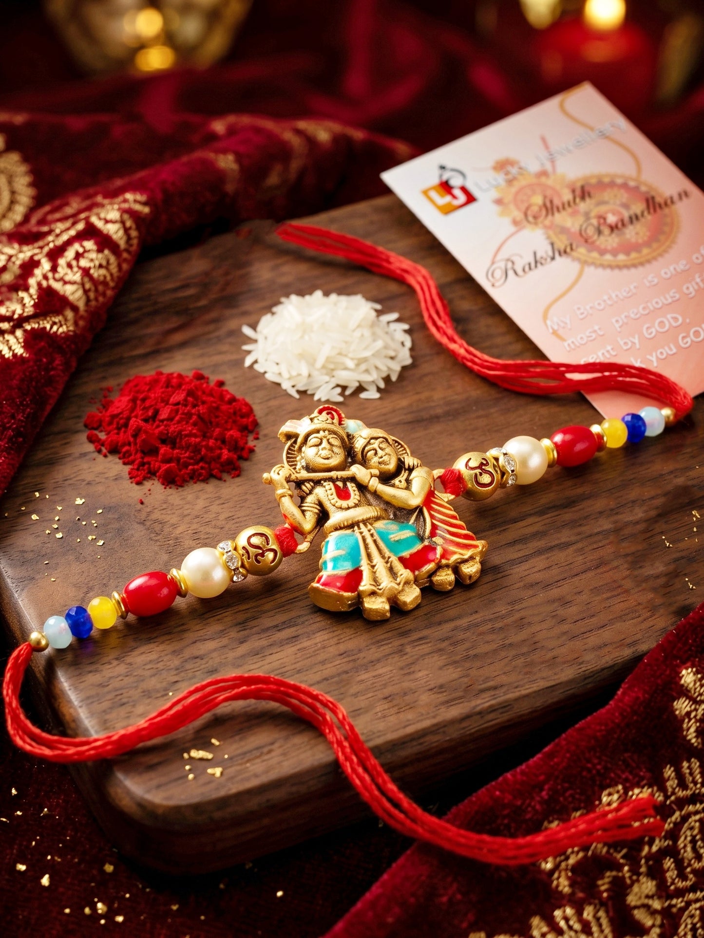 Divine Radha Krishna Beaded Rakhi For Brother With Roli Chawal And Card (72-S5R1-AR2930)