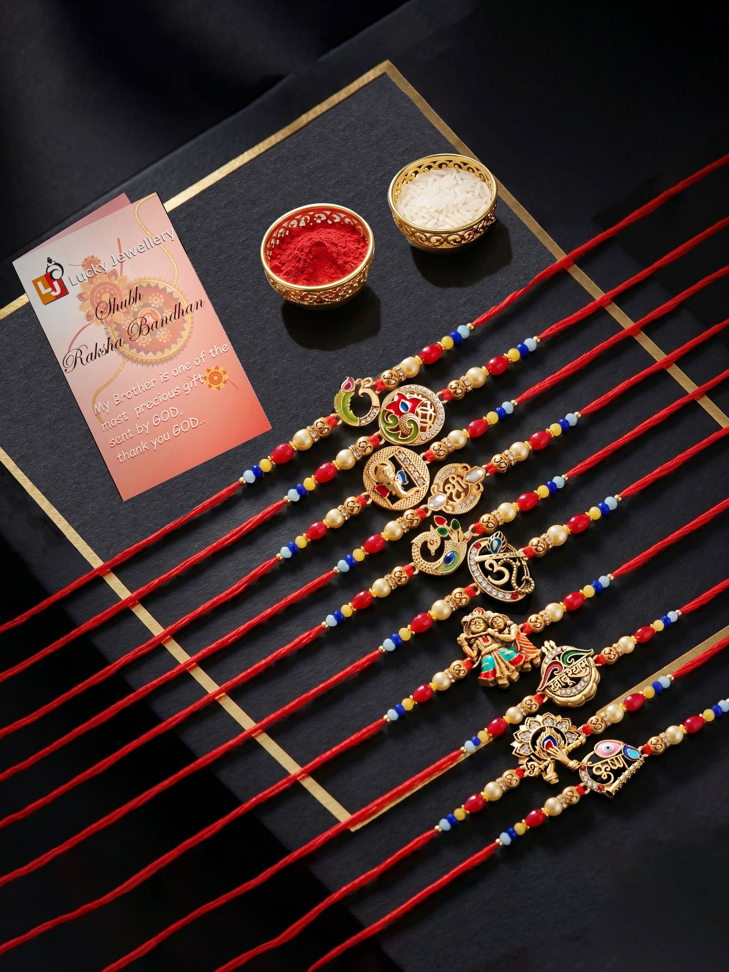 Lucky Jewellery Set of 10 Designer Rakhi for Brother | Golden Om, Krishna & Ganesha Beaded Threads with Roli, Chawal & Card (720-S5R1-2304-10)