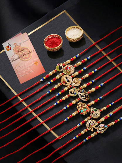Lucky Jewellery Set of 10 Designer Rakhi for Brother | Golden Om, Krishna & Ganesha Beaded Threads with Roli, Chawal & Card (720-S5R1-2304-10)