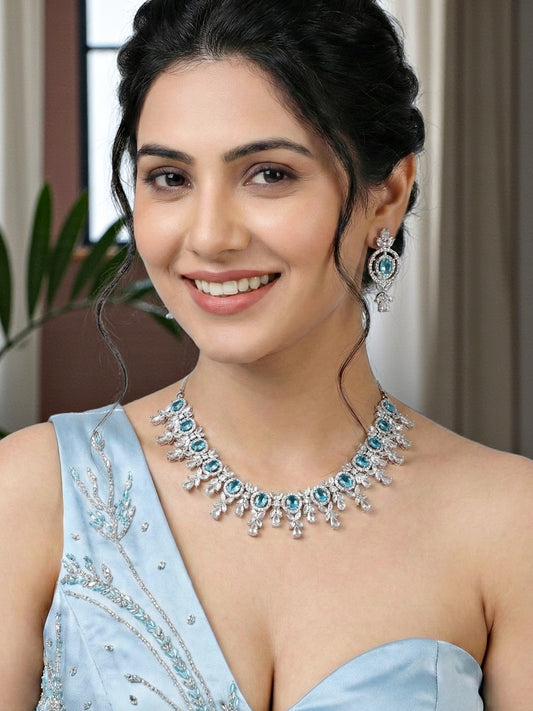 Silver-Tone Ferozi (Turquoise) Stone & American Diamond Necklace Set with Earrings for Women – Office, Party & Function Wear (1717-K4SA-2242-F-S)