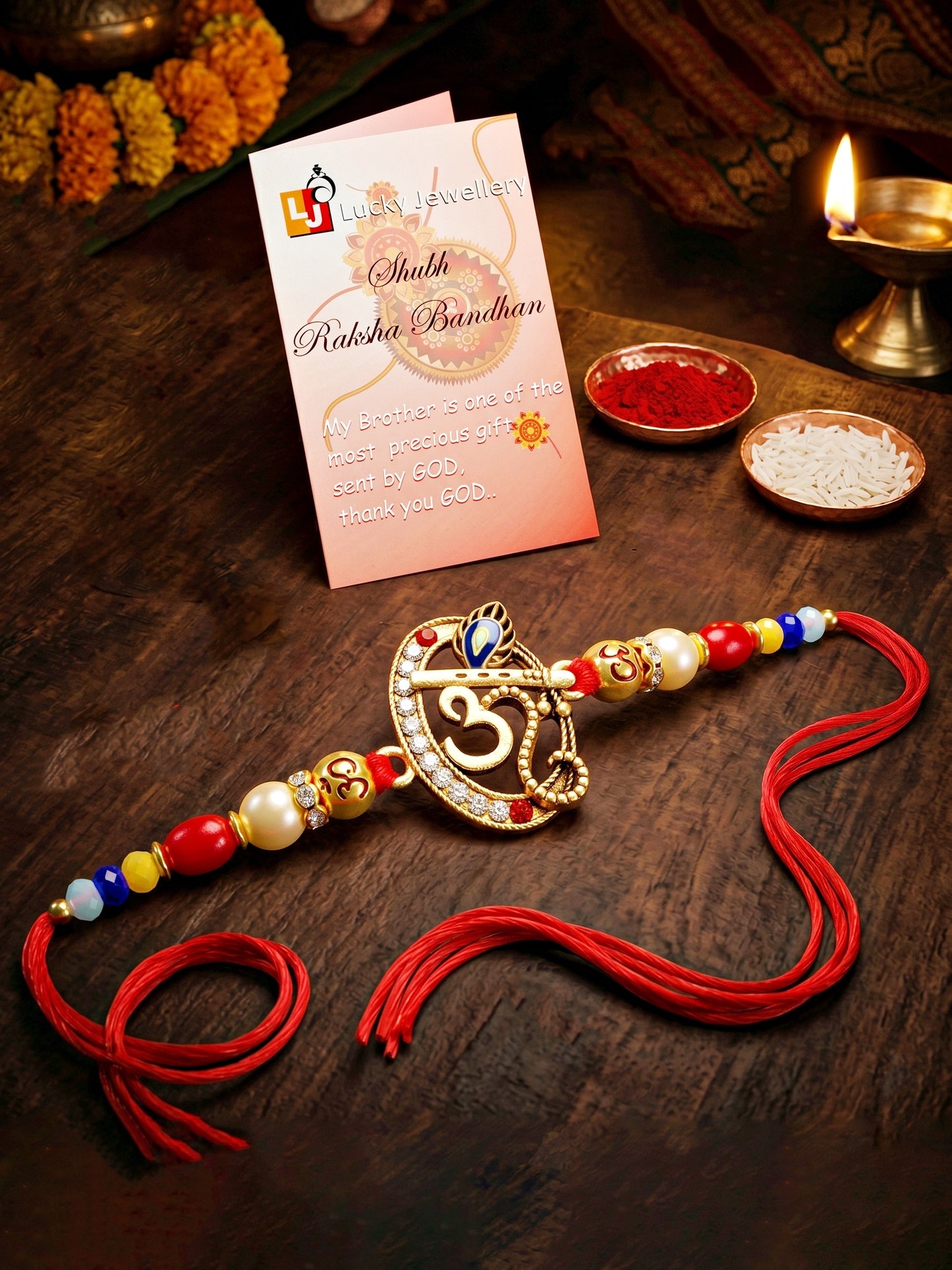Spiritual Om Krishna Flute Peacock Beaded Rakhi Set For Brother | Roli Chawal & Cards (72-S5R1-AR2927)