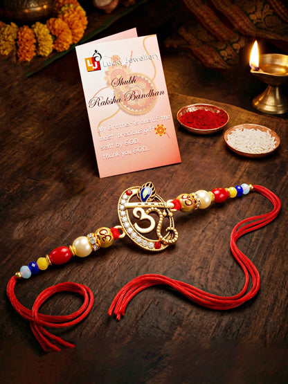 Spiritual Om Krishna Flute Peacock Beaded Rakhi Set For Brother | Roli Chawal & Cards (72-S5R1-AR2927)