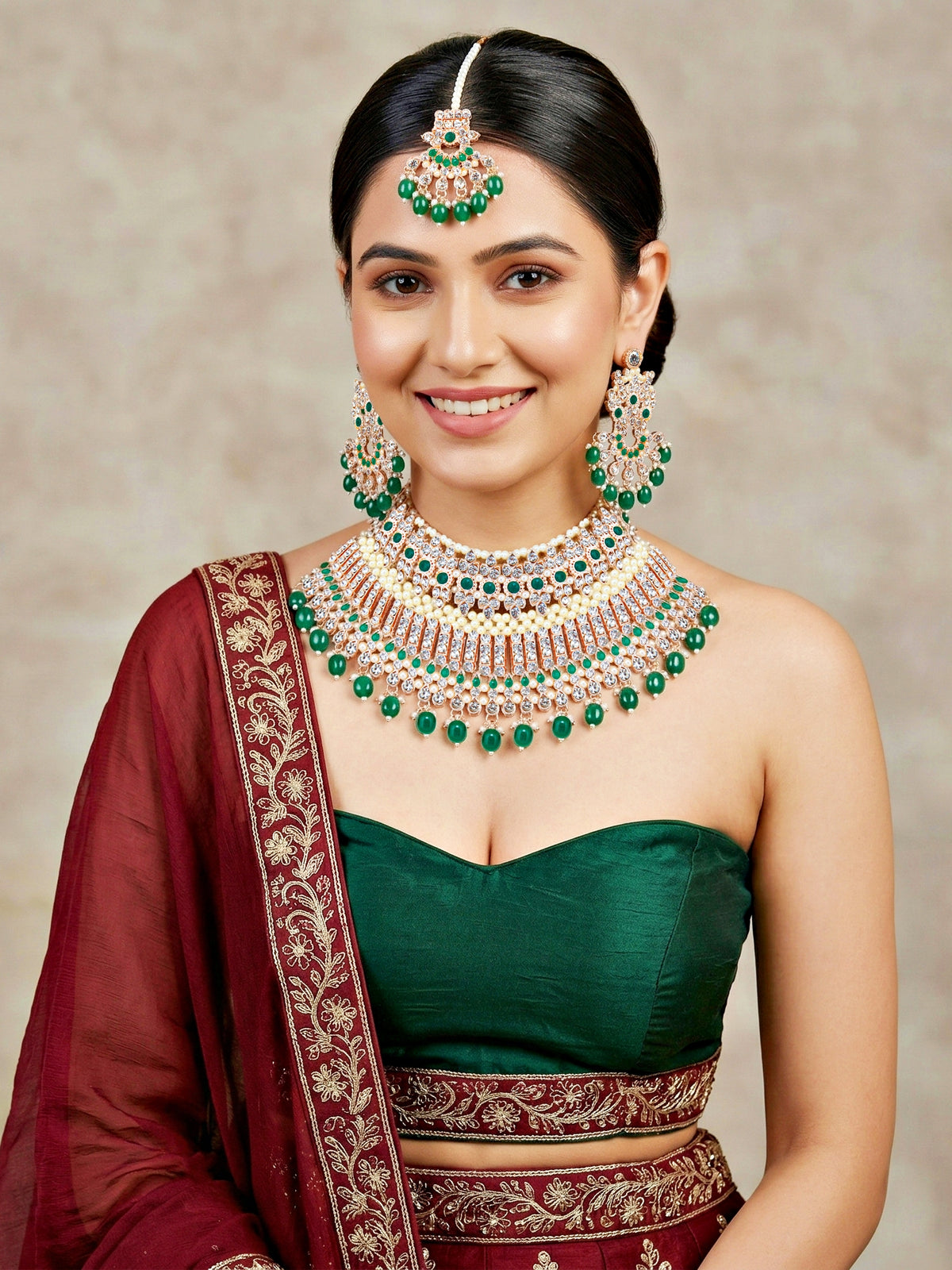 Rose Gold Plated AD Green Stone & Pearl Bridal Choker Jewellery Set with Maang Tikka (974-B5SP-007-G)