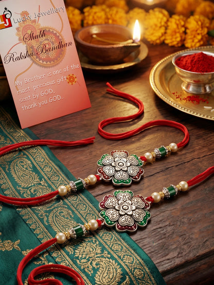 Set of 2 Silver Floral Rakhi for Brother with Metallic, Green & Maroon Enamel, Roli & Chawal & Card (108-CHR1-1966-MG-S-2-2026)