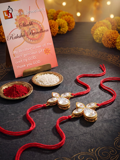 LUCKY JEWELLERY Traditional Rakhi for Brother/Bhaiya – Gold Plated Red Thread Rakshabandhan Rakhie White Stones for Bhai/Bhabhi (Pack of 2) – Fancy Rakhee Bracelet Rakshasutra (152-L1R1-06-W-2-2026)