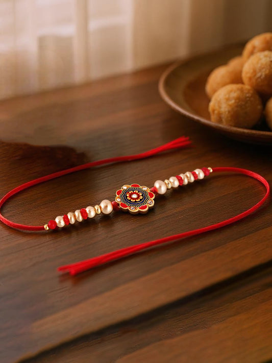 Gold Plated Meenakari Rakhi - Rakshabandhan Floral Rakhee for Brother/Bhaiya/Bhai/Bhabhi - Pack of 1