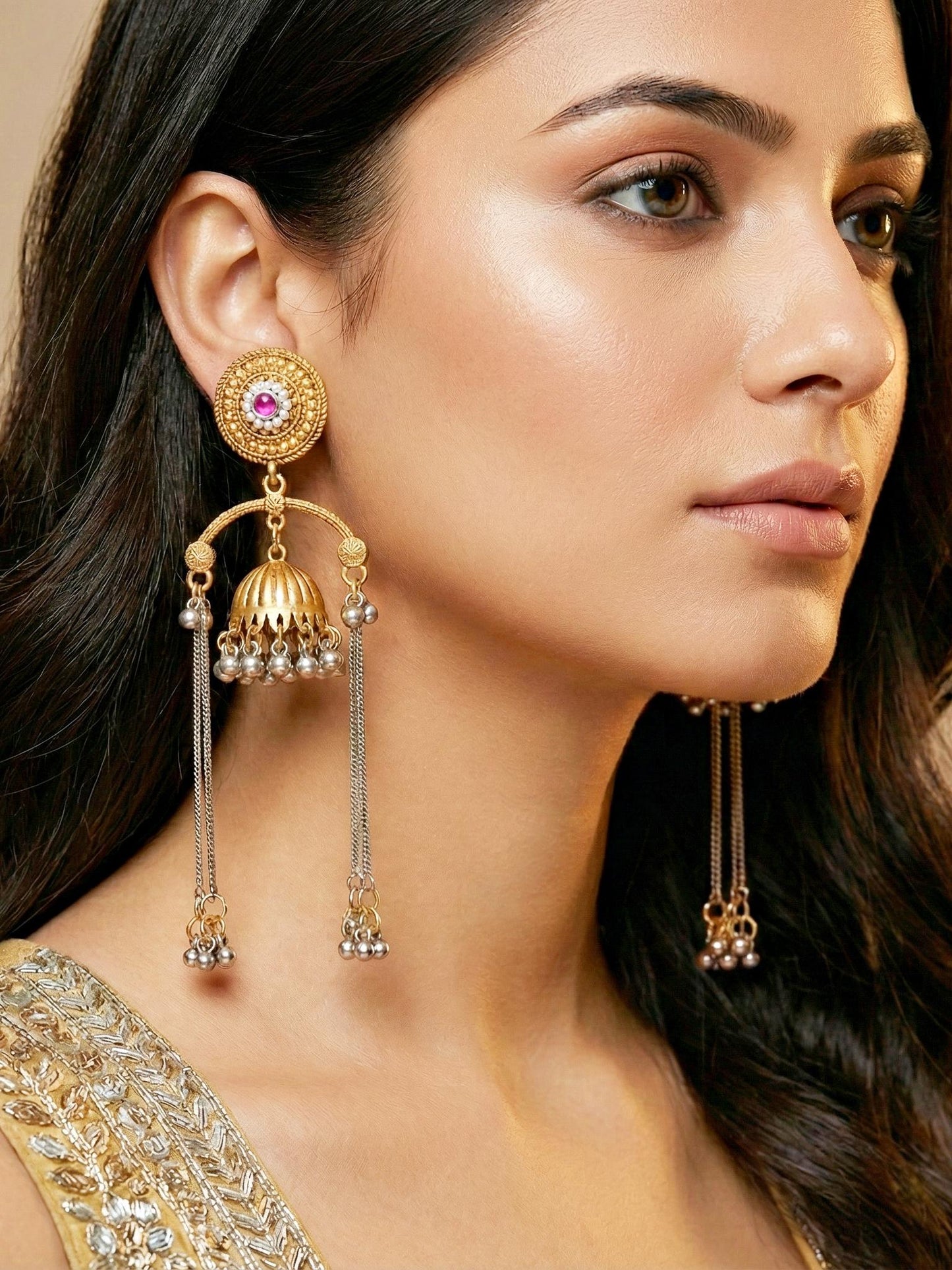 LUCKY JEWELLERY Antique Gold Finish Traditional Earrings with Long Chain Tassels Earrings For Girls & Women |Kashmiri Jhumka with Magenta Stone Earing Set |Birthday Gift Valentine Anniversary Gift