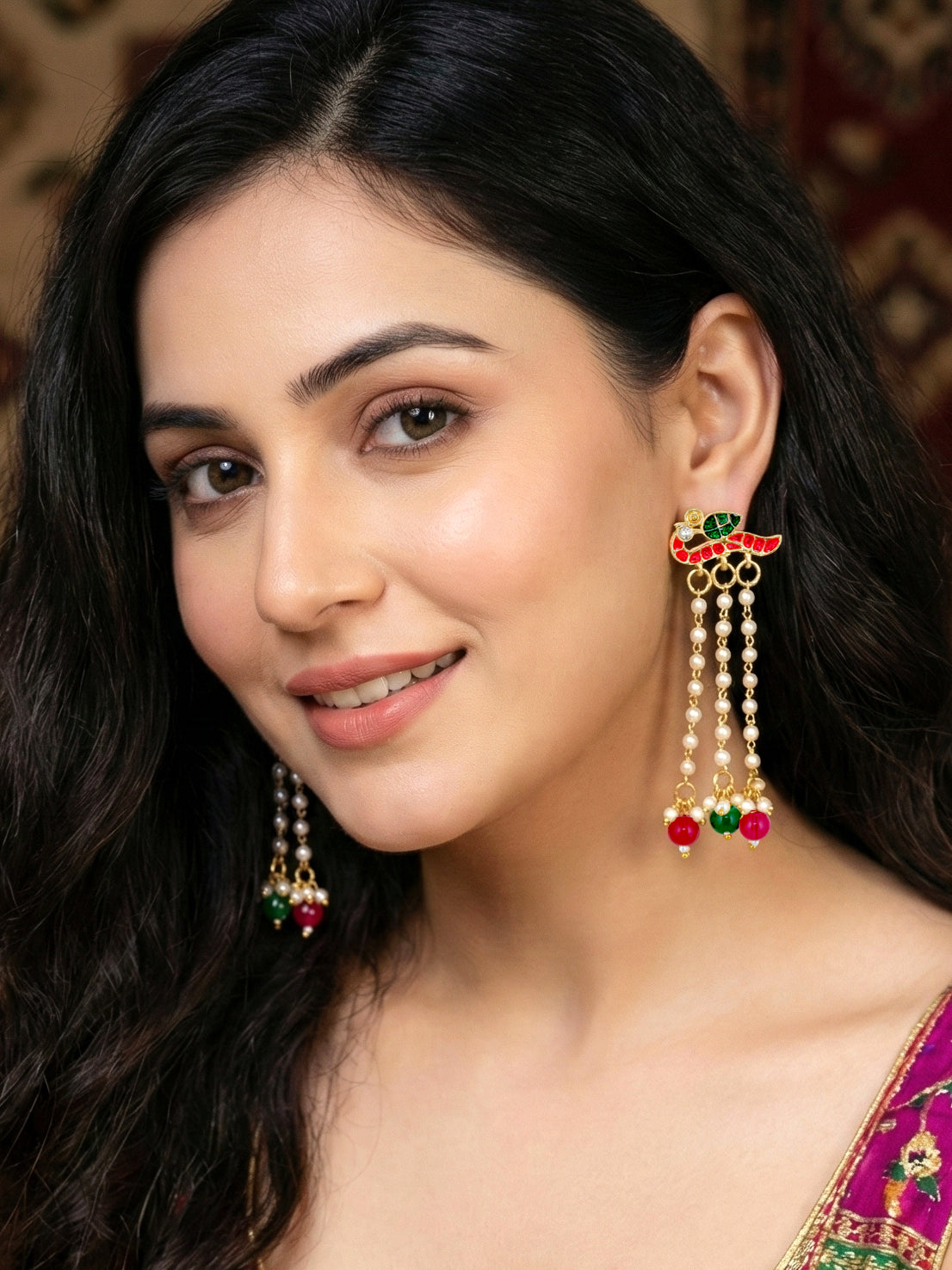 Gold Plated Enamel Bird Moti Layer Long  Earrings with Magenta & Green Beads For Girls & Women (225-KEG-9881-RG)