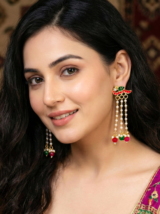 Gold Plated Enamel Bird Moti Layer Long  Earrings with Magenta & Green Beads For Girls & Women (225-KEG-9881-RG)