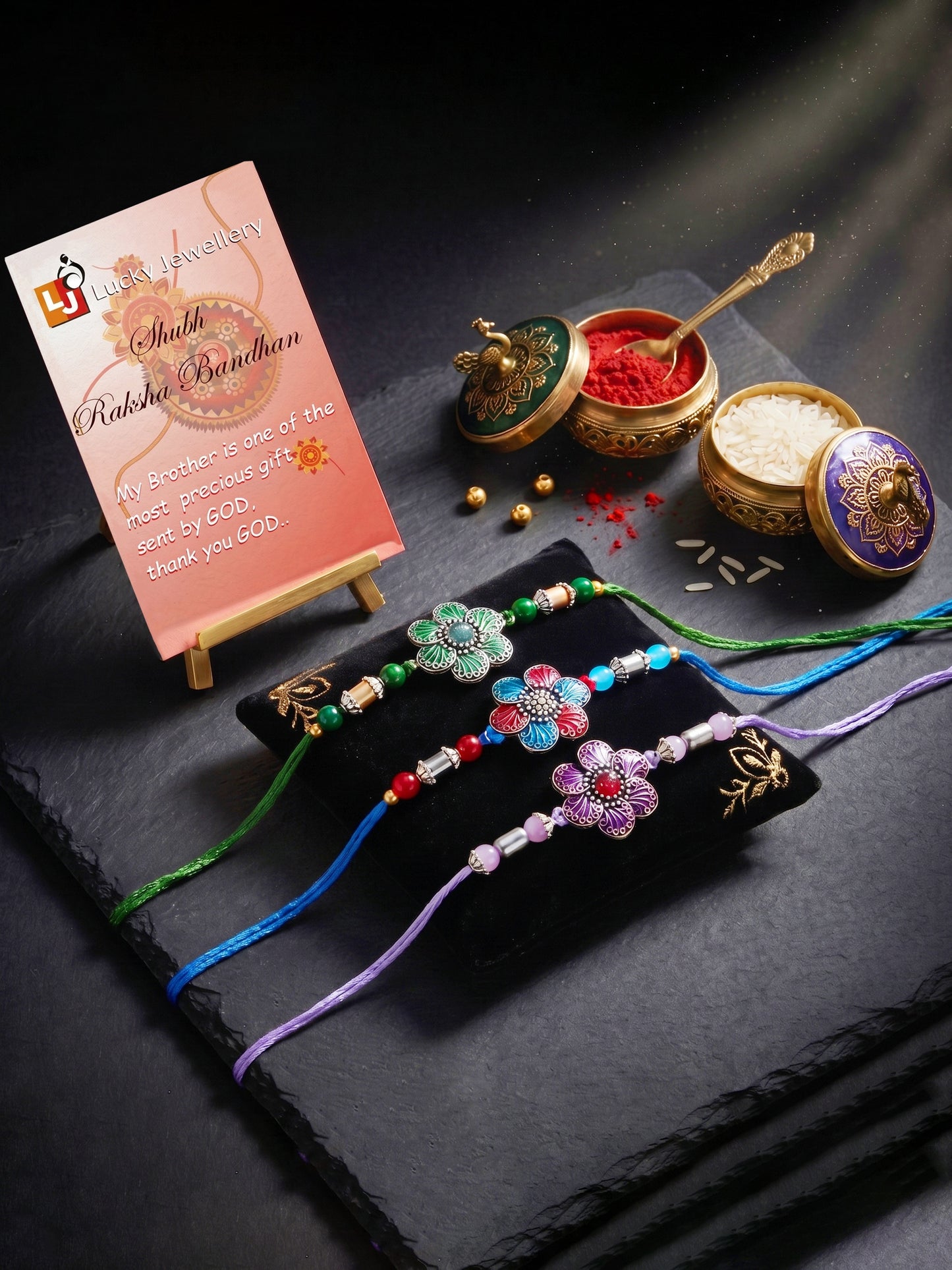Set of 3 Floral Enamel Rakhi for Brother with Multi & Beads, Roli Chawal & Card (144-CHR1-1967-3-2026)