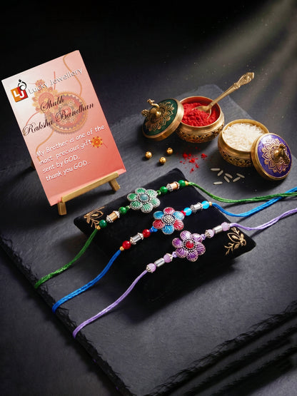 Set of 3 Floral Enamel Rakhi for Brother with Multi & Beads, Roli Chawal & Card (144-CHR1-1967-3-2026)