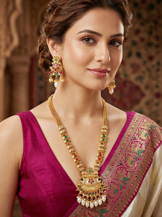 Lucky Jewellery Gold-Plated Ruby & Green Color Long Necklace Set (750-G2SR-206-RG)