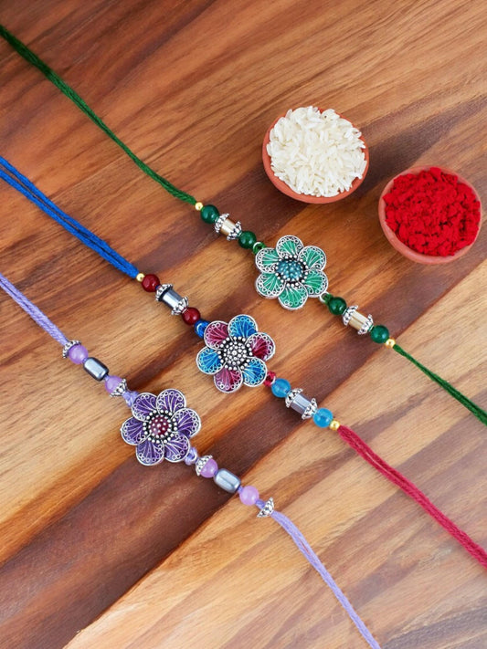 Lucky Jewellery Designer Oxidised Silver Meena Floral Rakhi - Rakshabandhan Rakhee Bracelet for Brother/Bhaiya/Bhai/Bhabhi - Pack of 3 (144-CHR1-1967-3)