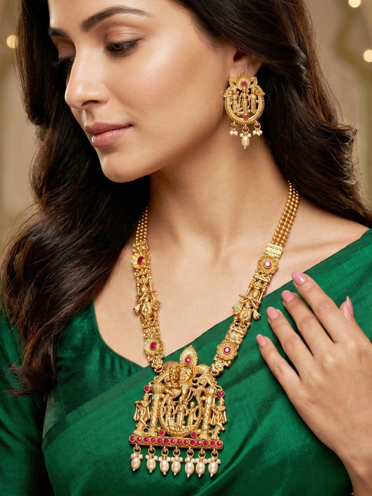 Lucky Jewellery 18K Gold-Plated Ram Parivar Temple Necklace Set (660-G2SR-195-R)