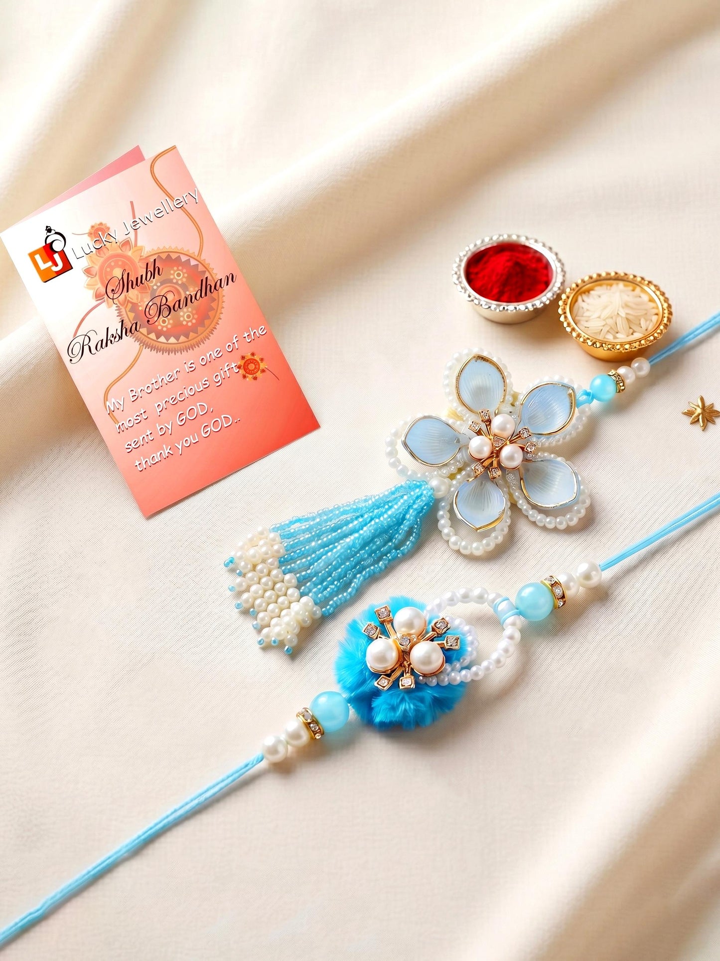 Set of 2 Traditional Blue Rakhi and Lumba Set with White Beads | Rakhi for Brother and Bhabhi (168-S7R1-PJ6201-F)