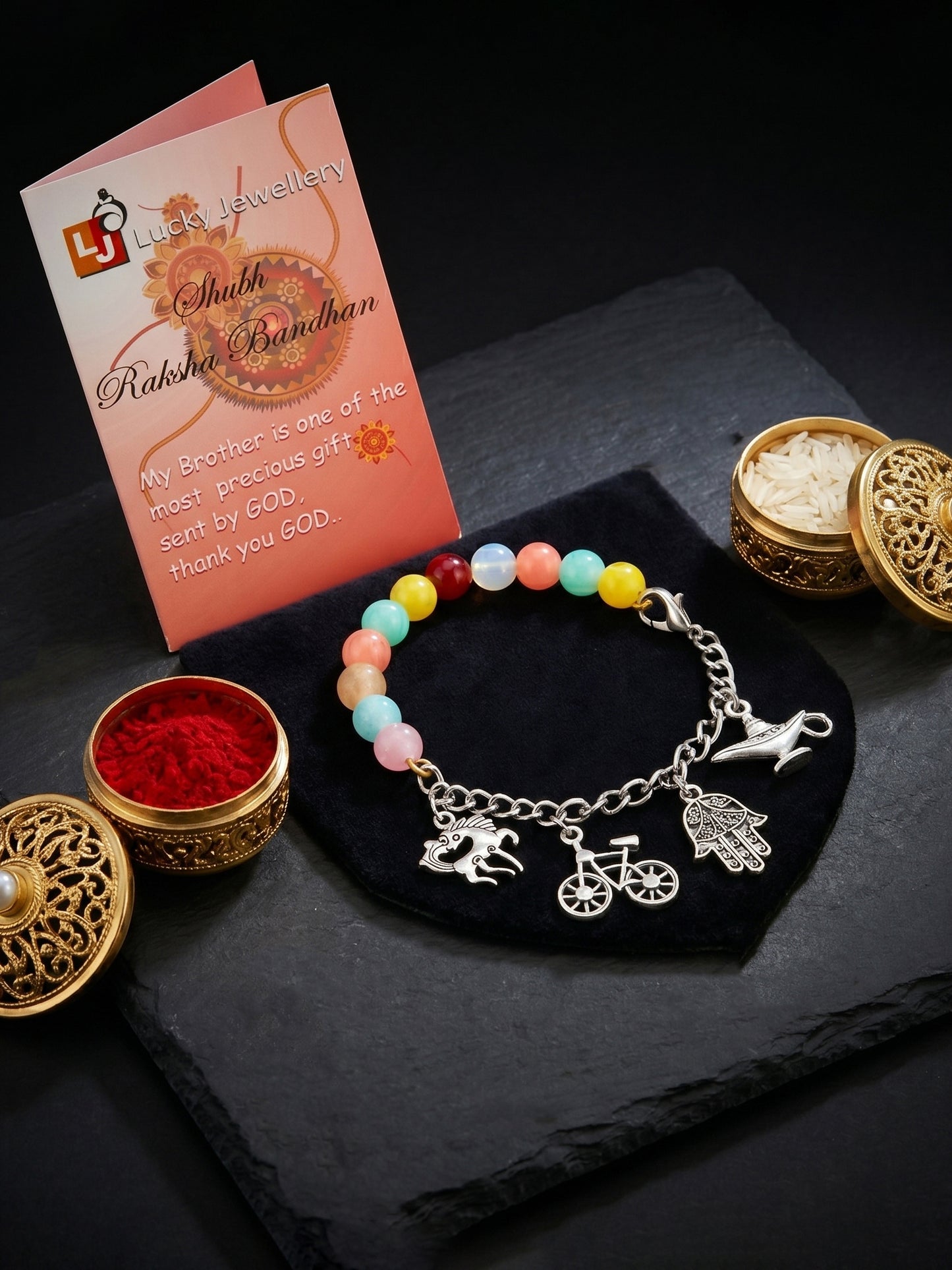 Bracelet Rakhi with Small Silver Charms, Multi & Pastel Beads, Roli Chawal & Card (158-N4B2O-1991-MT-2026)