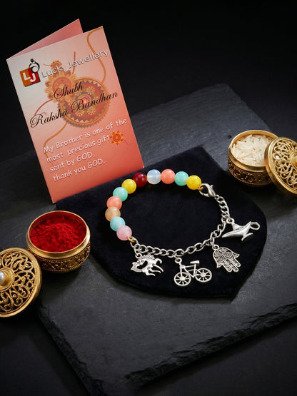 Bracelet Rakhi with Small Silver Charms, Multi & Pastel Beads, Roli Chawal & Card (158-N4B2O-1991-MT-2026)