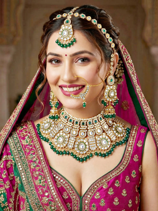 Bridal AD Green Stone Heavy Choker Jewellery Set with Sheesh Patti, Nath & Jhumka (3300-M8ZK-1103-G)