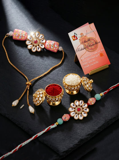 Set of 2 Bhaiya Bhabhi Kundan Rakhi Set with Floral Pendant, Hand-Painted Pink Beads, Roli Chawal (173-CHR1-1849-2-2026)