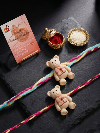 Set of 2 Cute Teddy Bear Kids Rakhi with Colorful Thread, Roli Chawal & Card (80-CHR1-1948-2-2026)