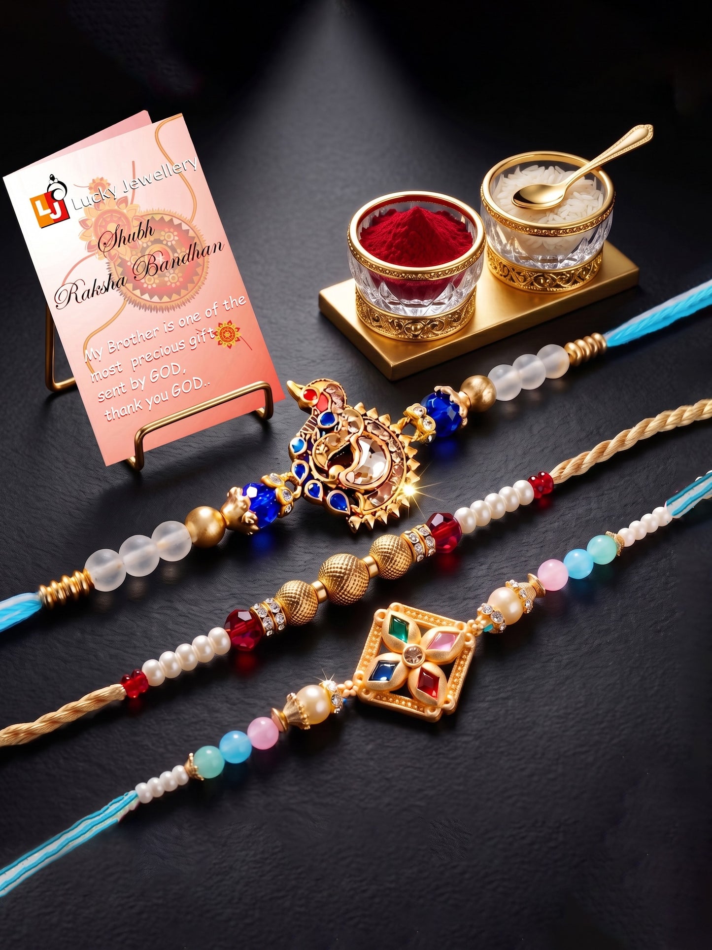 Lucky Jewellery Set of 3 Rakhi with Peacock & Square AD Pendants, Smooth White Beads, Roli Chawal & Card (142-S7R1-2318-3)