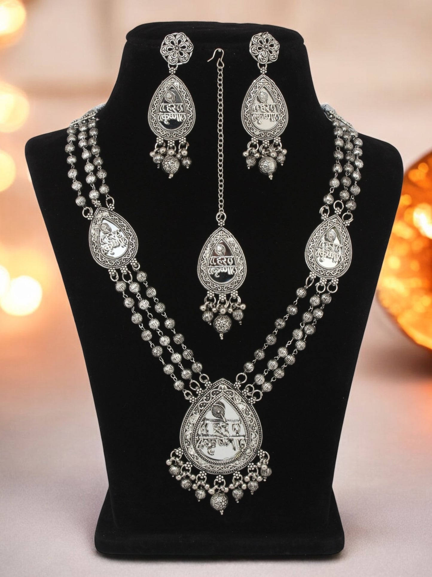 Oxidised Silver Plating Hare Krishna Temple Jewellery Necklace Set for Women & Girls