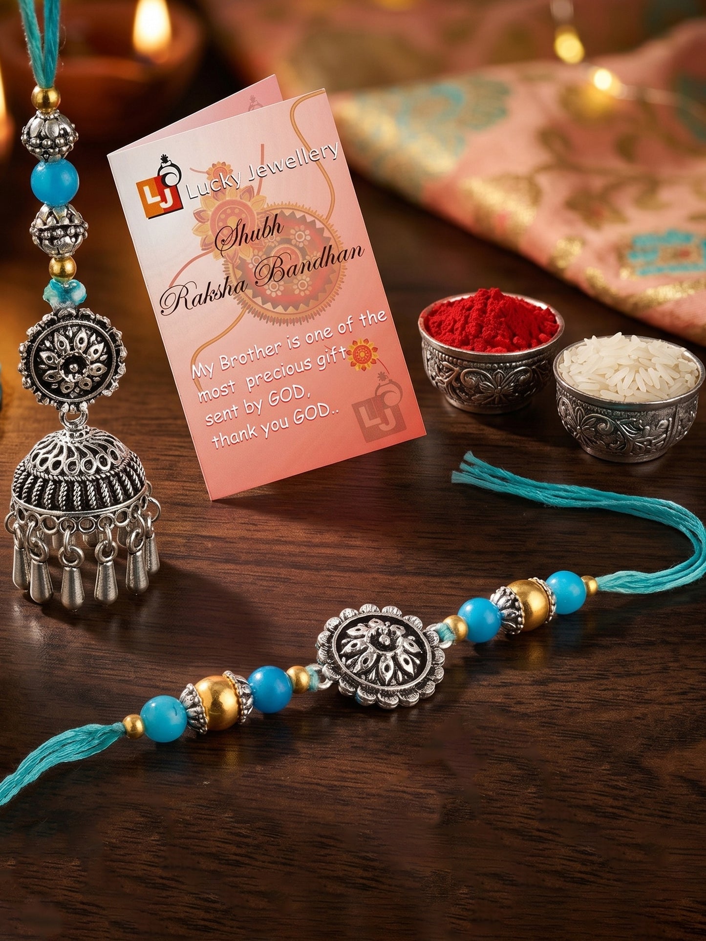 Set of 2 Bhaiya Bhabhi Rakhi Set with Oxidised Floral & Jhumka Lumba, Blue Beads,Roli Chawal & Card (144-JPCR1-1983-S-2-2026)