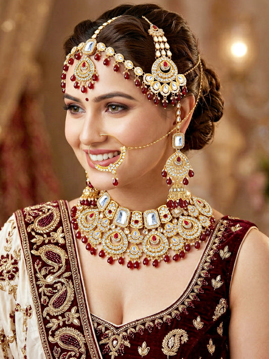 Bridal AD Maroon Stone Heavy Choker Jewellery Set with Sheesh Patti, Nath & Jhumka (3300-M8ZK-1106-M)