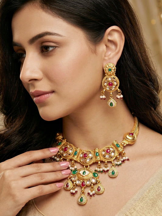 Lucky Jewellery Gold-Plated Ruby & Green Color Necklace Set (750-G2SR-268-RG)