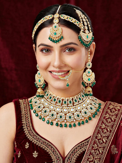 Bridal AD Green Stone Heavy Choker Jewellery Set with Sheesh Patti, Nath & Jhumka (3300-M8ZK-1104-G)