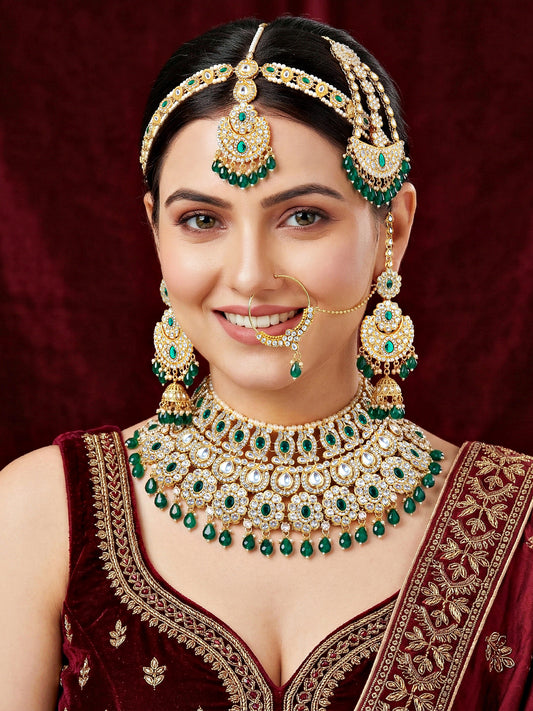 Bridal AD Green Stone Heavy Choker Jewellery Set with Sheesh Patti, Nath & Jhumka (3300-M8ZK-1104-G)