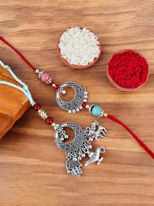 Lucky Jewellery Designer Oxidised Silver Rakhi - Rakshabandhan Rakhee Lumba Bracelet for Brother/Bhaiya/Bhai/Bhabhi - Pack of 2 (109-CHCR1-1968-2)