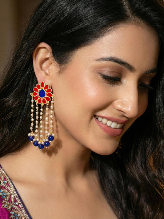 Gold-Plated Magenta Enamel Floral Earrings with Moti Layers &  Blue Beads Earring For Girls & Women (354-KEO-13113-RB)