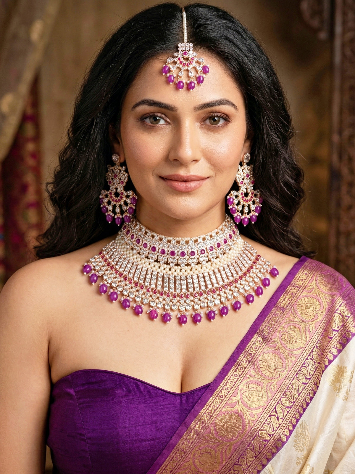 Rose Gold Plated AD Purple Stone & Pearl Bridal Choker Jewellery Set with Maang Tikka (974-B5SP-007-P)