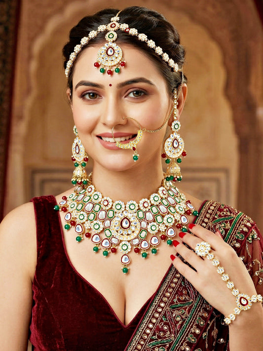 Bridal Kundan Multicolor Choker Jewellery Set with Hathphool & Nath (2541-IZK-554-MG)