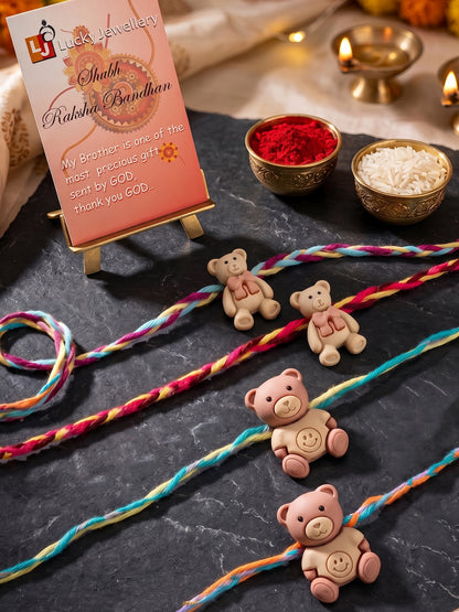 Set of 4 Small Teddy Bear Pendant Rakhi for Kids with Colorful Braided Thread, Roli Chawal & Card (130-CHR1-1948-4-2026)