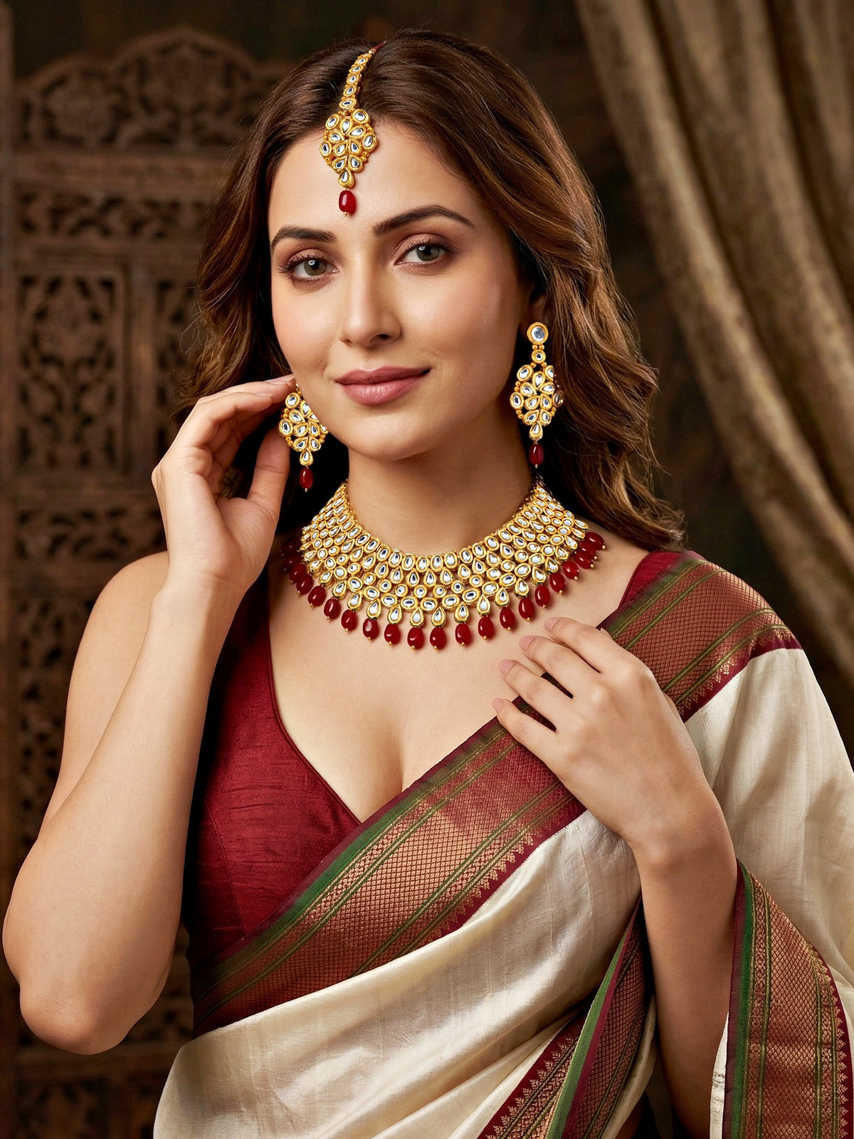 Handcrafted Kundan Maroon Beaded Choker Jewellery Set with Maang Tikka, 18K Gold Plated (842-B5SP-005-M)