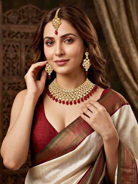 Handcrafted Kundan Maroon Beaded Choker Jewellery Set with Maang Tikka, 18K Gold Plated (842-B5SP-005-M)