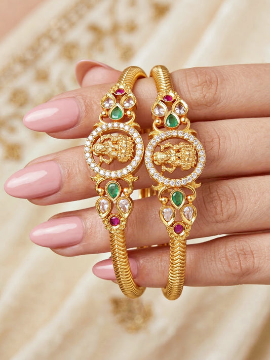 Gold-Plated Laxmi Ji AD Temple Bangle Pink Green (655-C1BG-2197-2)