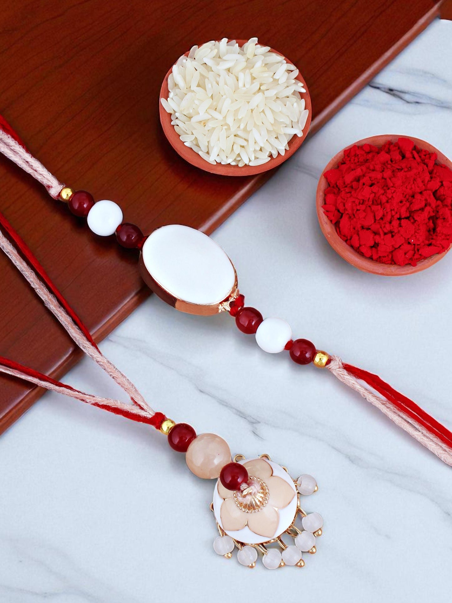 Lucky Jewellery Designer White & Peach Meena Rakhi - Rakshabandhan Rakhee with Tasseled Lumba Bracelet for Brother Bhaiya Bhai Bhabhi - Pack of 2 (265-CHCR1-1151-W-2)