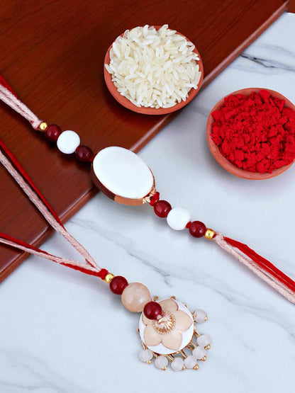 Lucky Jewellery Designer White & Peach Meena Rakhi - Rakshabandhan Rakhee with Tasseled Lumba Bracelet for Brother Bhaiya Bhai Bhabhi - Pack of 2 (265-CHCR1-1151-W-2)