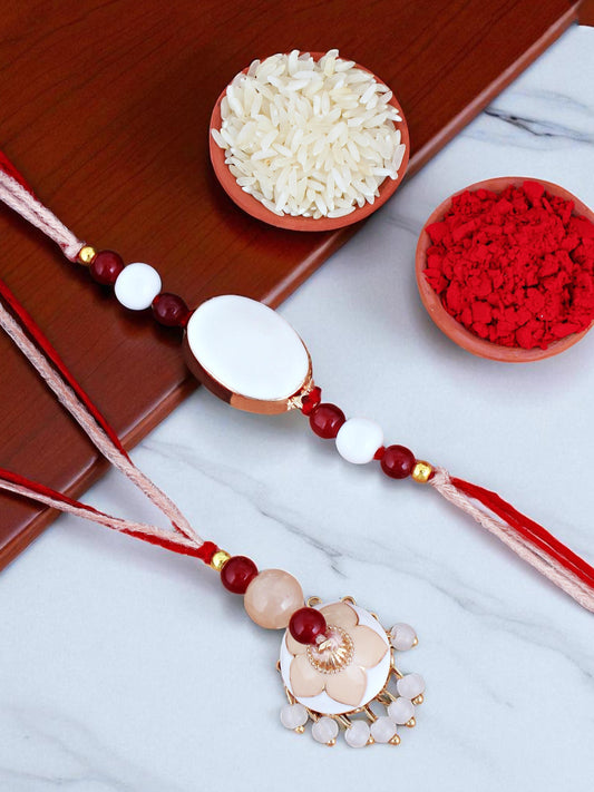 Lucky Jewellery Designer White & Peach Meena Rakhi - Rakshabandhan Rakhee with Tasseled Lumba Bracelet for Brother Bhaiya Bhai Bhabhi - Pack of 2 (265-CHCR1-1151-W-2)