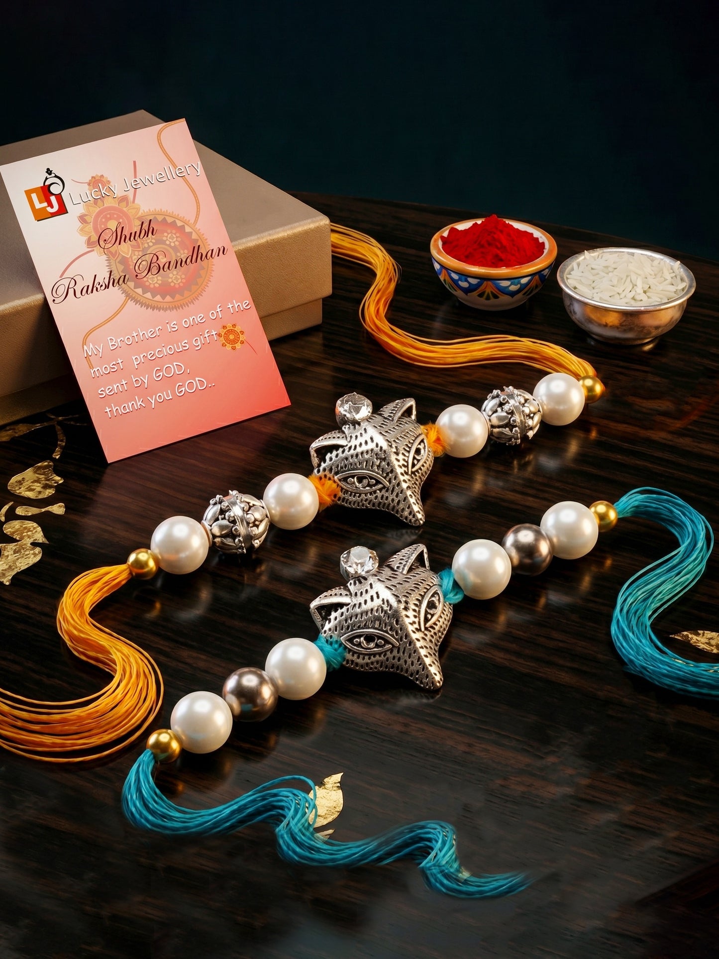 Set of 2 Oxidised Silver Fox Rakhi for Brother with White Beads, Roli Chawal & Card (70-JPR1-1955-2-2026)