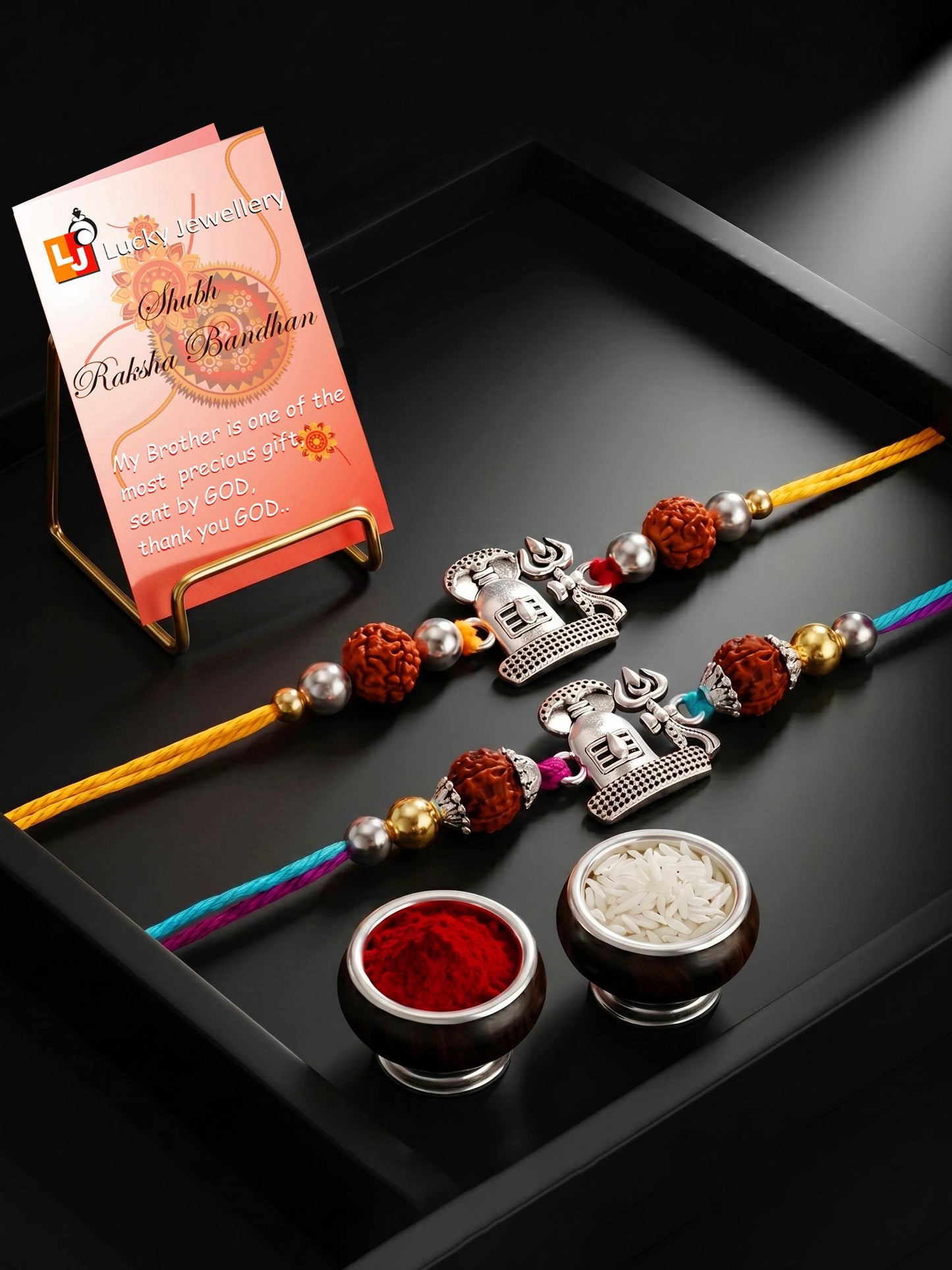 Set of 2 Silver Shivling Trishul Rakhi for Brother with Rudraksha, Roli & Chawal & Card (72-JPR1-1963-S-2-2026)